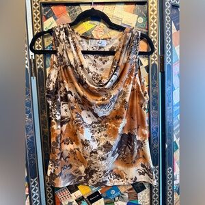 Cowl Neck Sleeveless Floral Tank - Rustic Brown & Cream